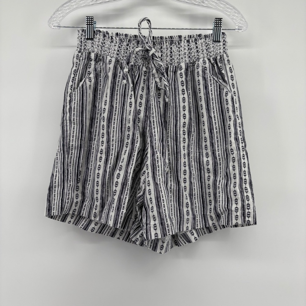 HANNAH Womens Medium Black/Navy Stripe Smocked Waist Drawstring‎ Linen Blend